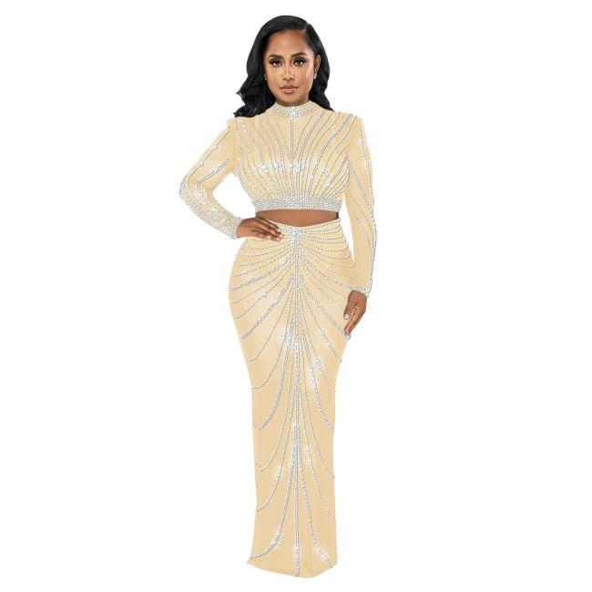 Beige Luxury Mesh Rhinestones 2 Peices Evening Long Dress