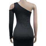Black Sloping One Sleeve Cut Out Mesh Sexy Party Midi Dress
