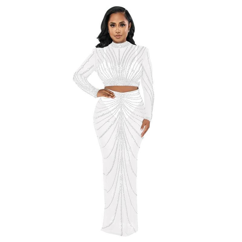 White Luxury Mesh Rhinestones 2 Peices Evening Long Dress