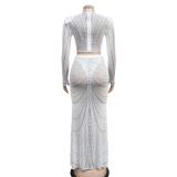 White Luxury Mesh Rhinestones 2 Peices Evening Long Dress