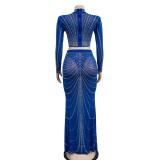 Blue Luxury Mesh Rhinestones 2 Peices Evening Long Dress