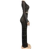 Black Luxury Mesh Rhinestones 2 Peices Evening Long Dress