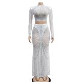 White Luxury Mesh Rhinestones 2 Peices Evening Long Dress