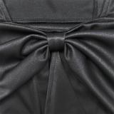Black Straps V Neck Back Bow Tie Office Midi Dress