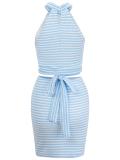 LightBlue Halter Crop Tops Striped Two Piece Bandage Mini Dress
