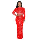 Red Luxury Mesh Rhinestones 2 Peices Evening Long Dress
