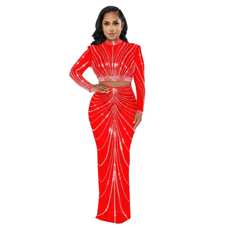 Red Luxury Mesh Rhinestones 2 Peices Evening Long Dress