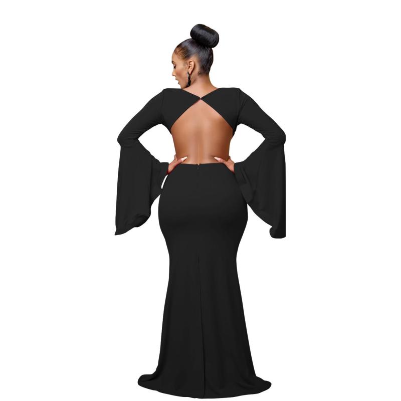 Black Women's Low Cut Flare Prom Evening Maxi Dress