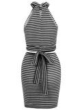 Black Halter Crop Tops Striped Two Piece Bandage Mini Dress