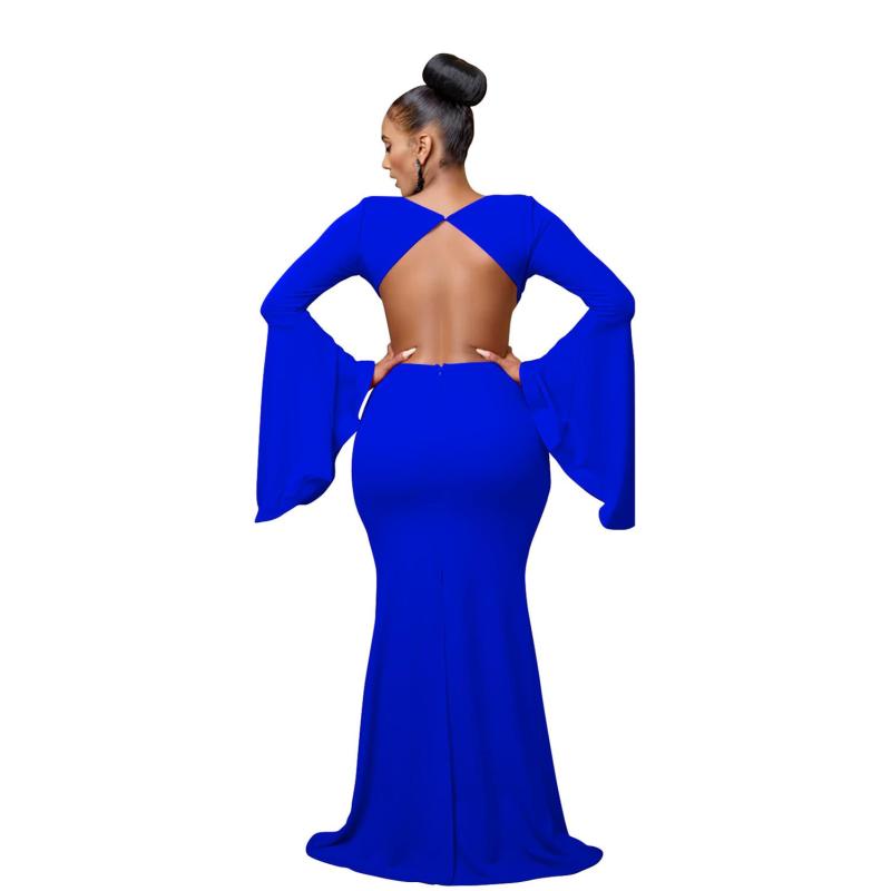 Blue Women's Low Cut Flare Prom Evening Maxi Dress