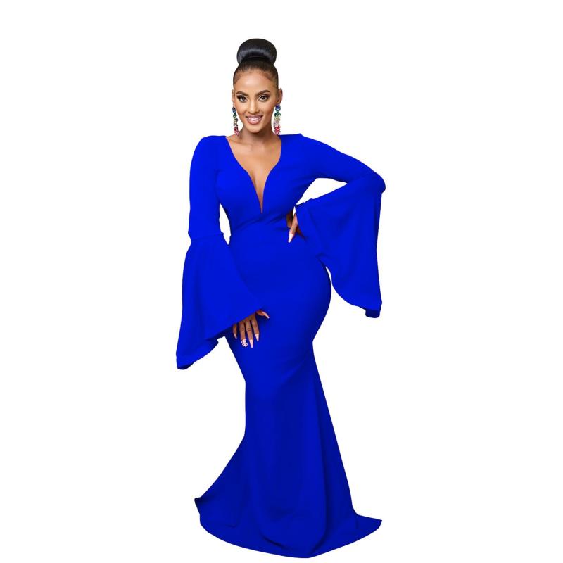 Blue Women's Low Cut Flare Prom Evening Maxi Dress