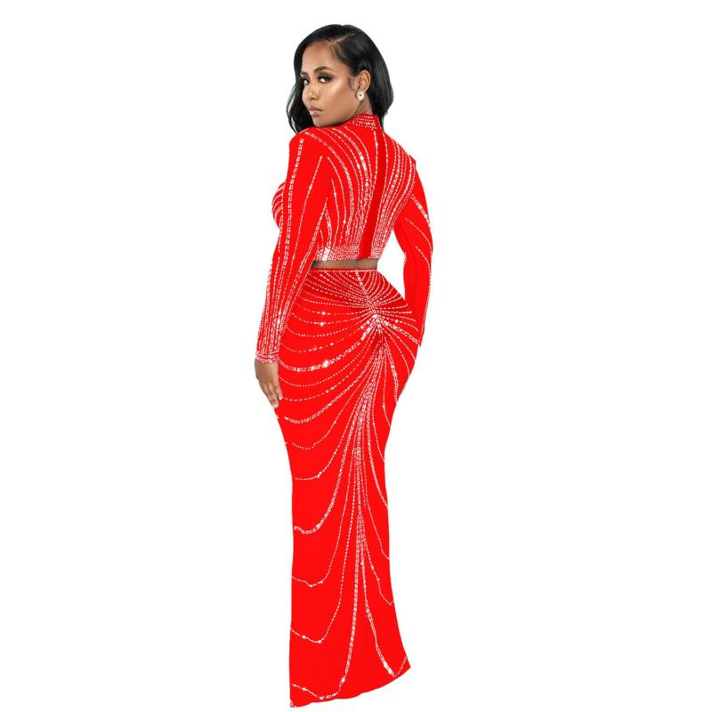 Red Luxury Mesh Rhinestones 2 Peices Evening Long Dress