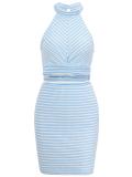 LightBlue Halter Crop Tops Striped Two Piece Bandage Mini Dress