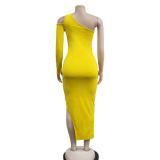 Yellow Sloping One Sleeve Cut Out Mesh Sexy Party Midi Dress