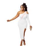 White  Sloping One Sleeve Cut Out Mesh Sexy Party Midi Dress