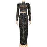 Black Luxury Mesh Rhinestones 2 Peices Evening Long Dress