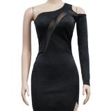 Black Sloping One Sleeve Cut Out Mesh Sexy Party Midi Dress