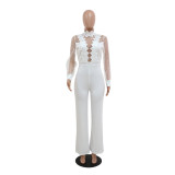 White Sequins Mesh See Through Long Trousers Jumpsuits