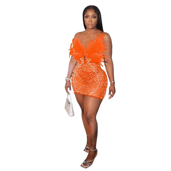 Orange Off Shoulder Feather Neck Diamonds Mesh Women Party Dress