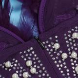 Purple Off Shoulder Feather Neck Diamonds Mesh Women Party Dress