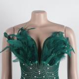 Green Off Shoulder Feather Neck Diamonds Mesh Women Party Dress