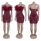 Claret Off Shoulder Feather Neck Diamonds Mesh Women Party Dress