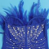 Blue Off Shoulder Feather Neck Diamonds Mesh Women Party Dress