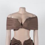Brown Women Underwires Off Shoulder Pleated Maxi Dress