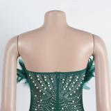 Green Off Shoulder Feather Neck Diamonds Mesh Women Party Dress