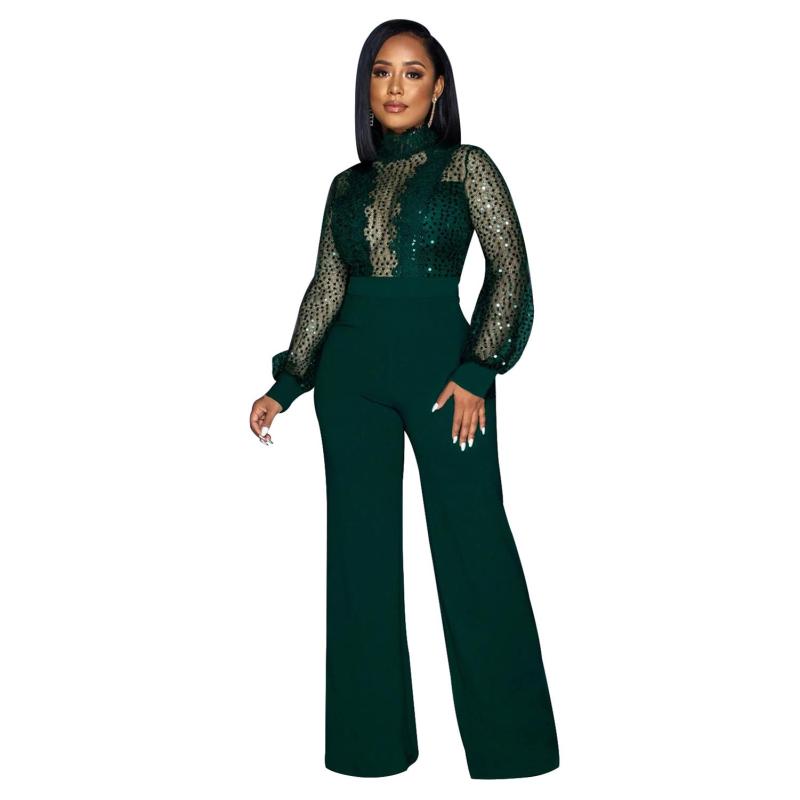 DarkGreen Sequins Mesh See Through Long Trousers Jumpsuits