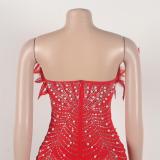 Red Off Shoulder Feather Neck Diamonds Mesh Women Party Dress