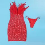 Red Off Shoulder Feather Neck Diamonds Mesh Women Party Dress