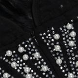 Black Off Shoulder Feather Neck Diamonds Mesh Women Party Dress