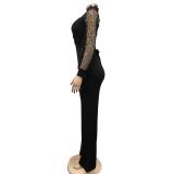 Black Sequins Mesh See Through Long Trousers Jumpsuits