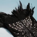 Black Off Shoulder Feather Neck Diamonds Mesh Women Party Dress