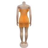 Orange Off Shoulder Feather Neck Diamonds Mesh Women Party Dress