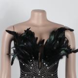 Black Off Shoulder Feather Neck Diamonds Mesh Women Party Dress