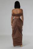 Brown Women Underwires Off Shoulder Pleated Maxi Dress