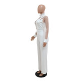 White Sequins Mesh See Through Long Trousers Jumpsuits