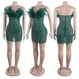 Green Off Shoulder Feather Neck Diamonds Mesh Women Party Dress