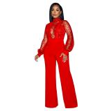 Red Sequins Mesh See Through Long Trousers Jumpsuits