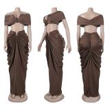 Brown Women Underwires Off Shoulder Pleated Maxi Dress