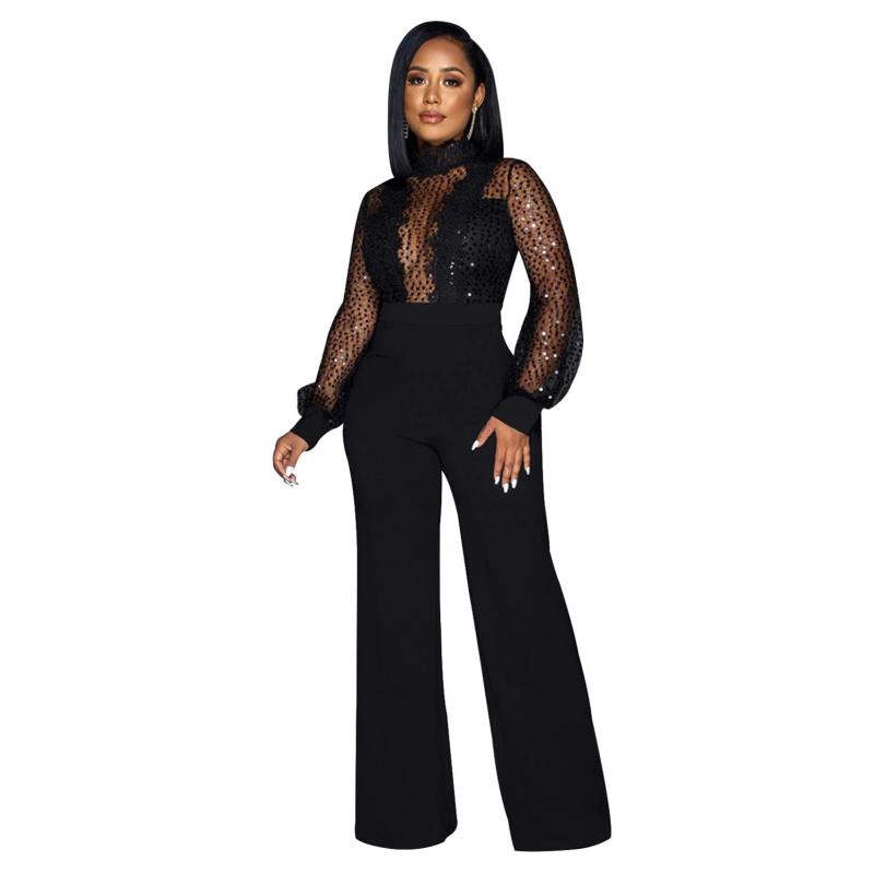 Black Sequins Mesh See Through Long Trousers Jumpsuits