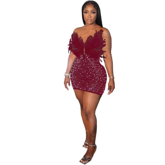 Claret Off Shoulder Feather Neck Diamonds Mesh Women Party Dress