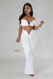 White Women Underwires Off Shoulder Pleated Maxi Dress