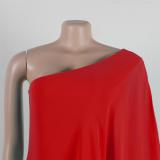 Red Women Single Shoulder Mesh Cloak Splicing Casual Jumpsuits