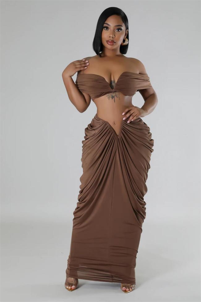 Brown Women Underwires Off Shoulder Pleated Maxi Dress