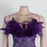 Purple Off Shoulder Feather Neck Diamonds Mesh Women Party Dress
