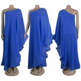 Blue Women Single Shoulder Mesh Cloak Splicing Casual Jumpsuits