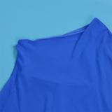 Blue Women Single Shoulder Mesh Cloak Splicing Casual Jumpsuits